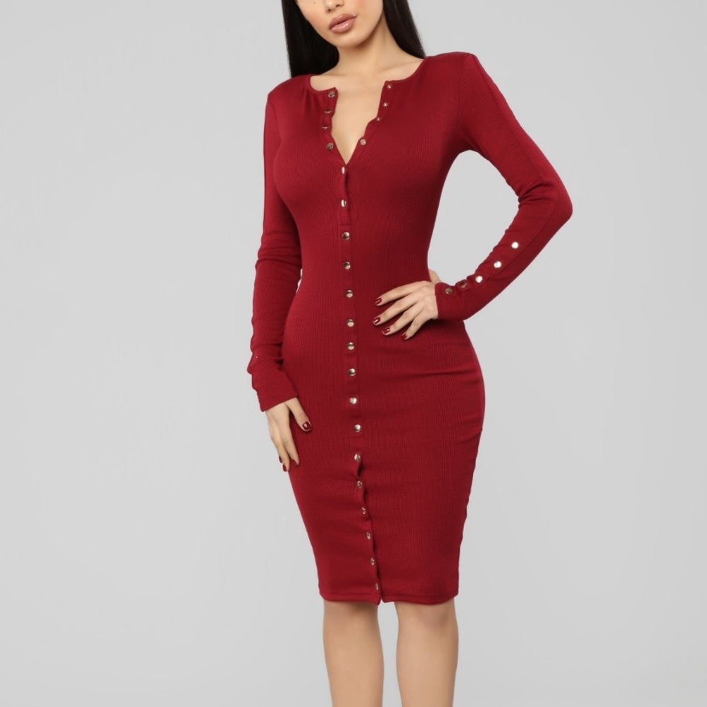Sexy Knee Length Burgundy Button Up Dress